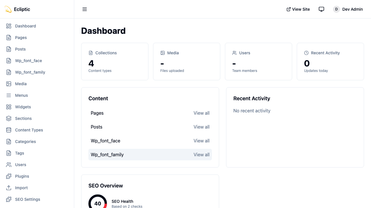 EmDash admin dashboard showing content overview, recent activity, and navigation sidebar